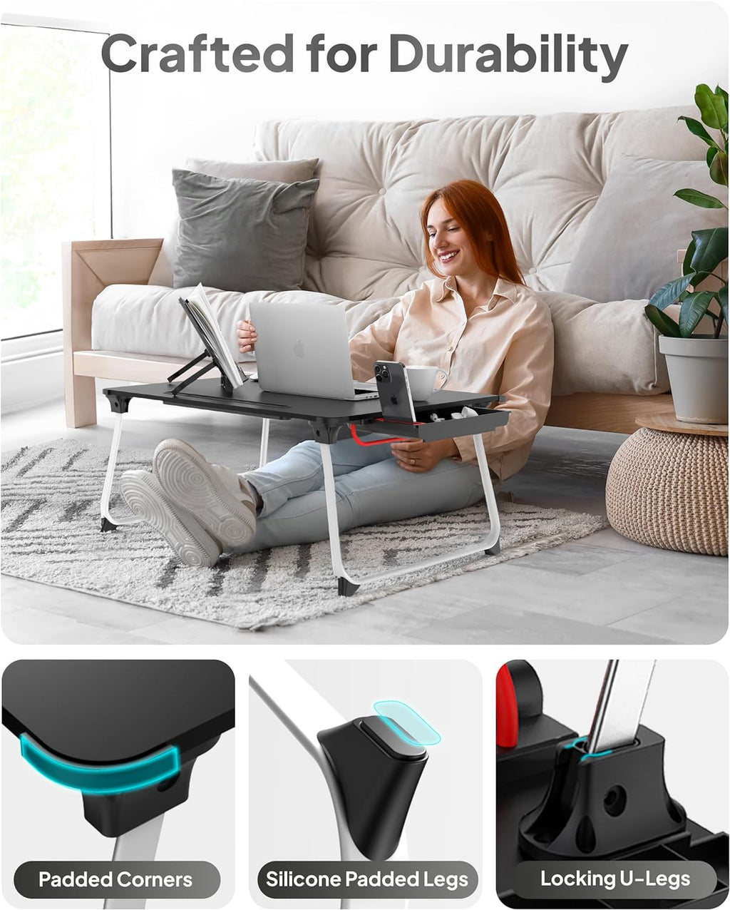 Mega Table plus Premium XXL Extra Large Laptop Desk for Bed, Table for Laptop in Bed, Desk for Floor | Portable, Folding Legs, Book Stand, Tablet Groove, Drawer, Extra Wide Surface (Black Onyx)